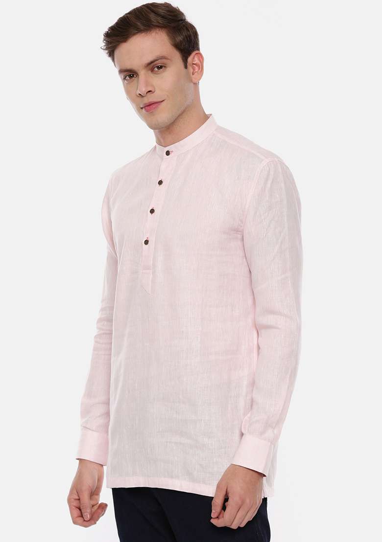 Baby Pink Linen Short Kurta For Men - Indya