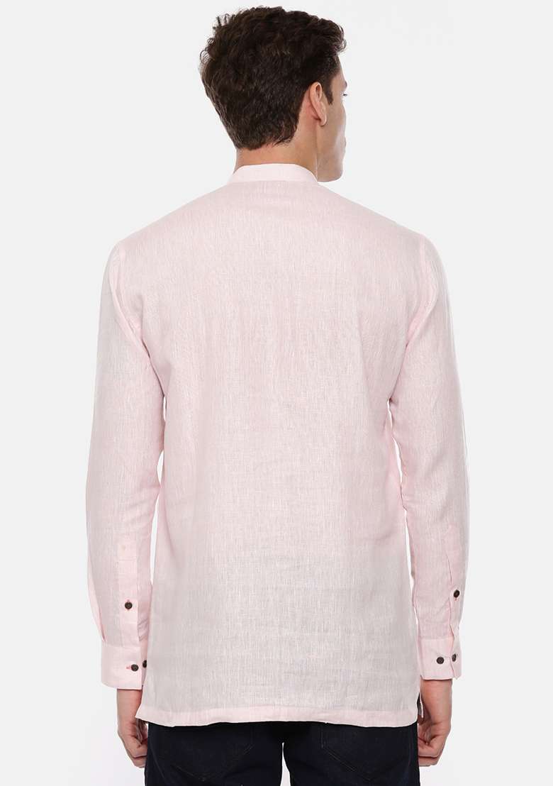 Baby Pink Linen Short Kurta For Men - Indya