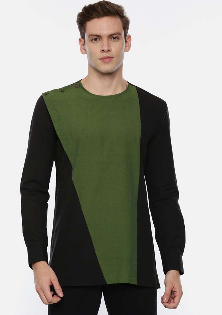 Green And Black Cotton Short Kurta For Men - Indya