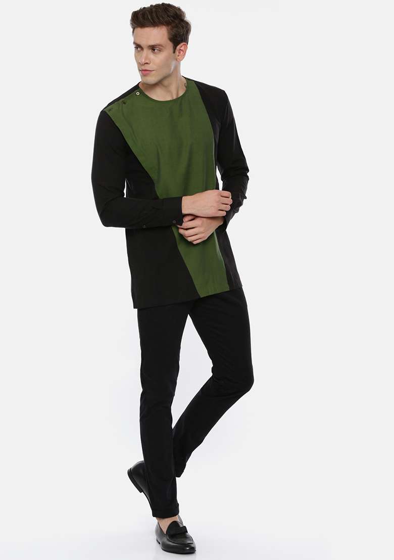 Green And Black Cotton Short Kurta For Men - Indya