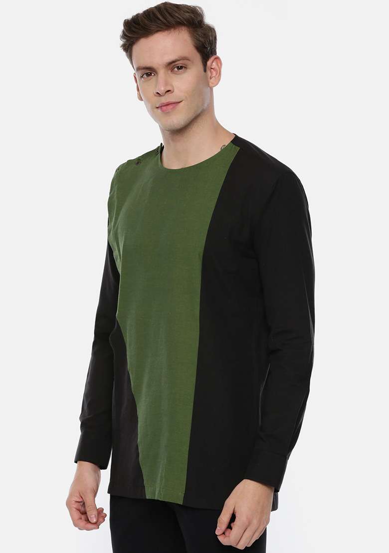 Green And Black Cotton Short Kurta For Men - Indya