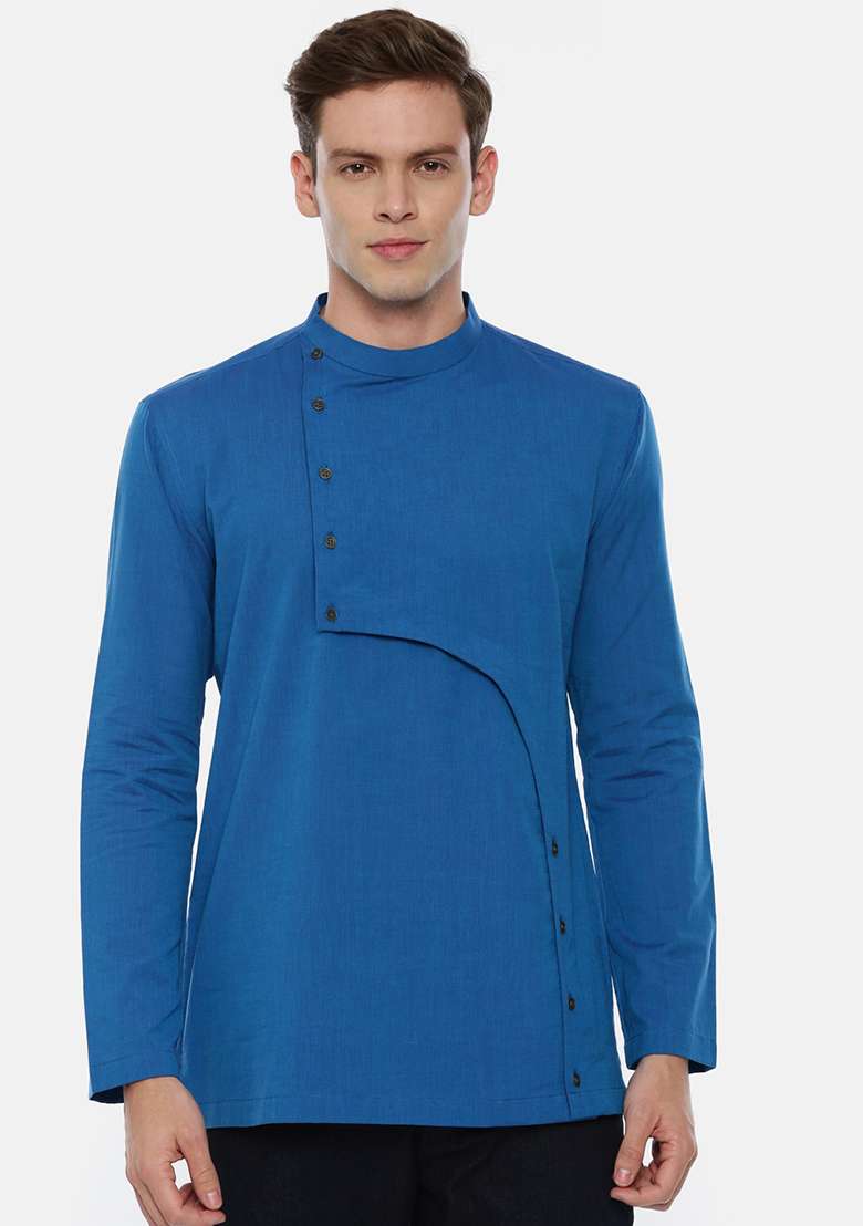 Blue Cotton Cut Away Short Kurta For Men - Indya