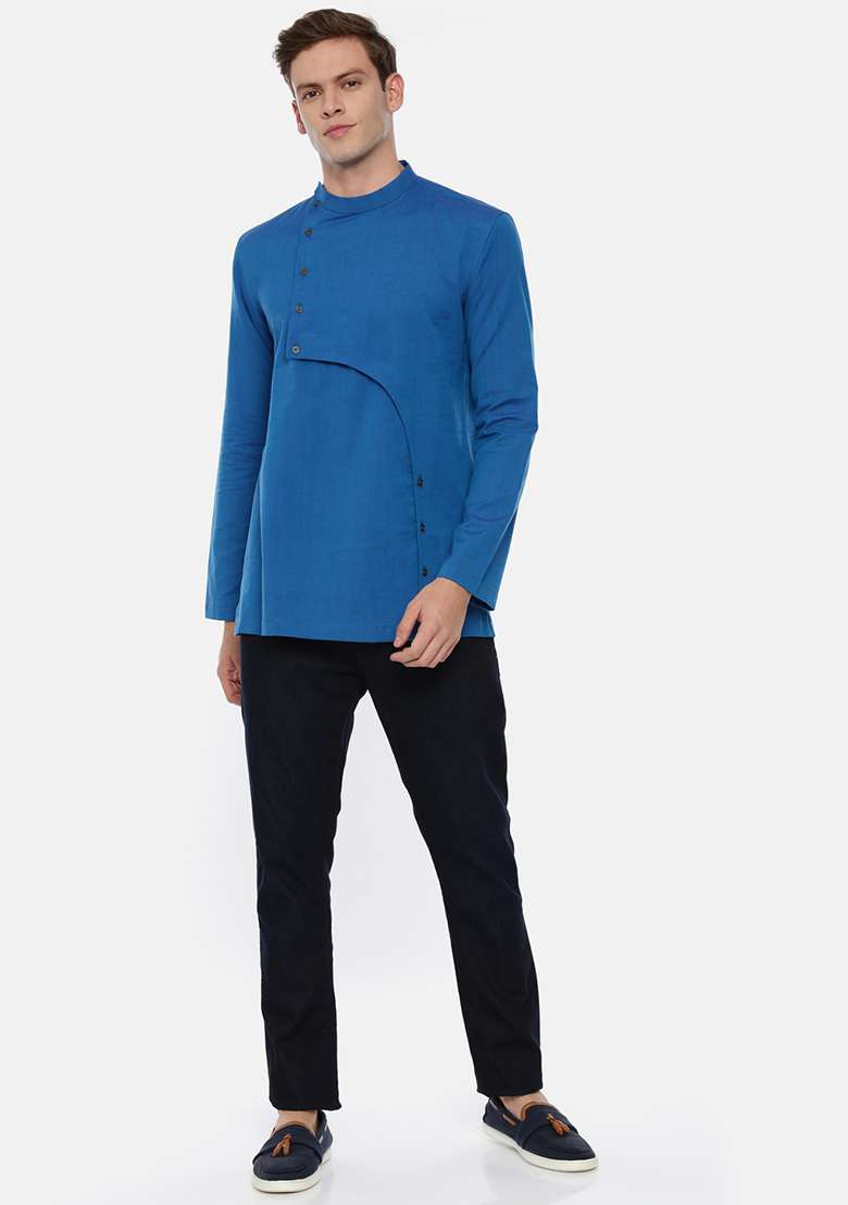 Blue Cotton Cut Away Short Kurta For Men - Indya