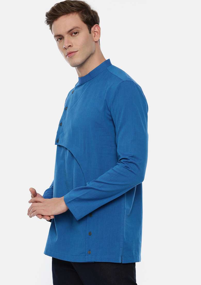 Blue Cotton Cut Away Short Kurta For Men - Indya