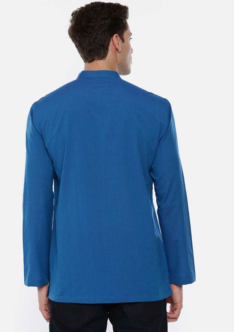 Blue Cotton Cut Away Short Kurta For Men - Indya