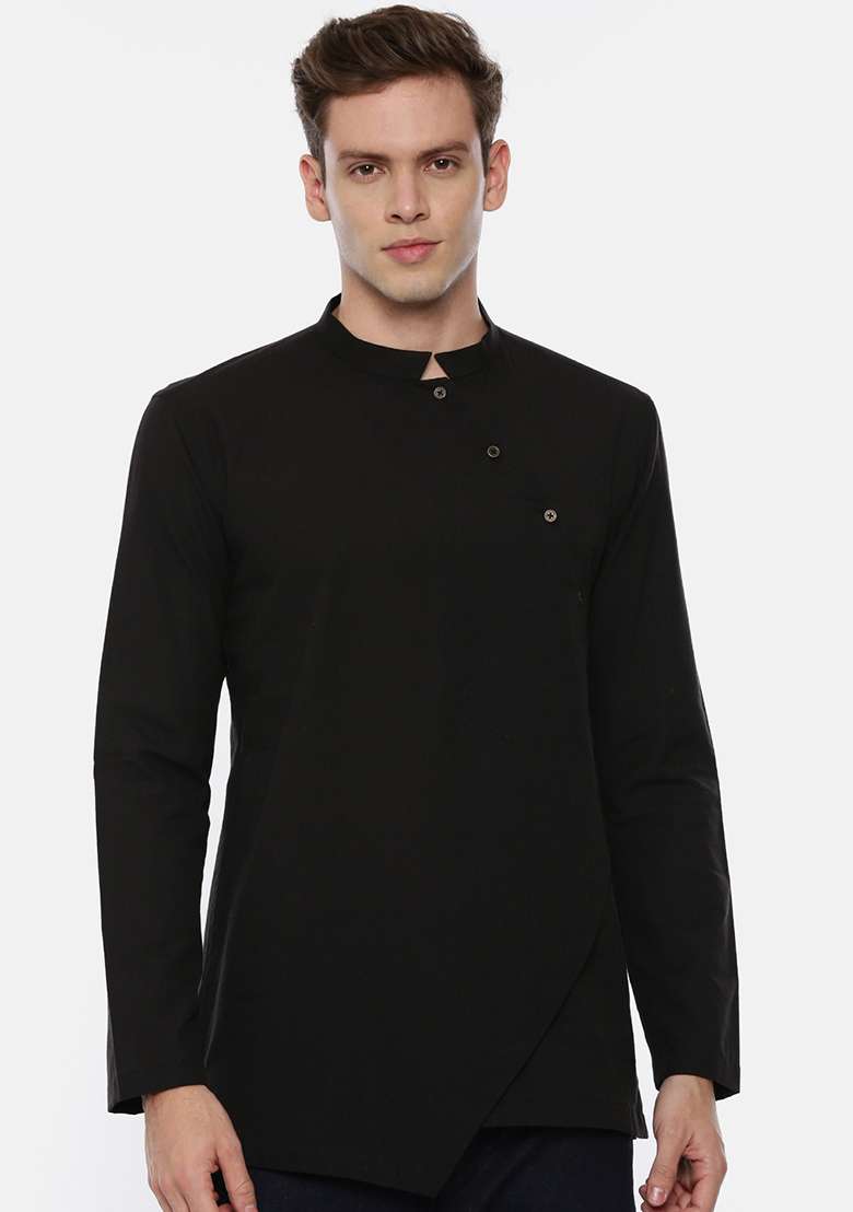 Black Cotton Cut Away Short Kurta For Men - Indya