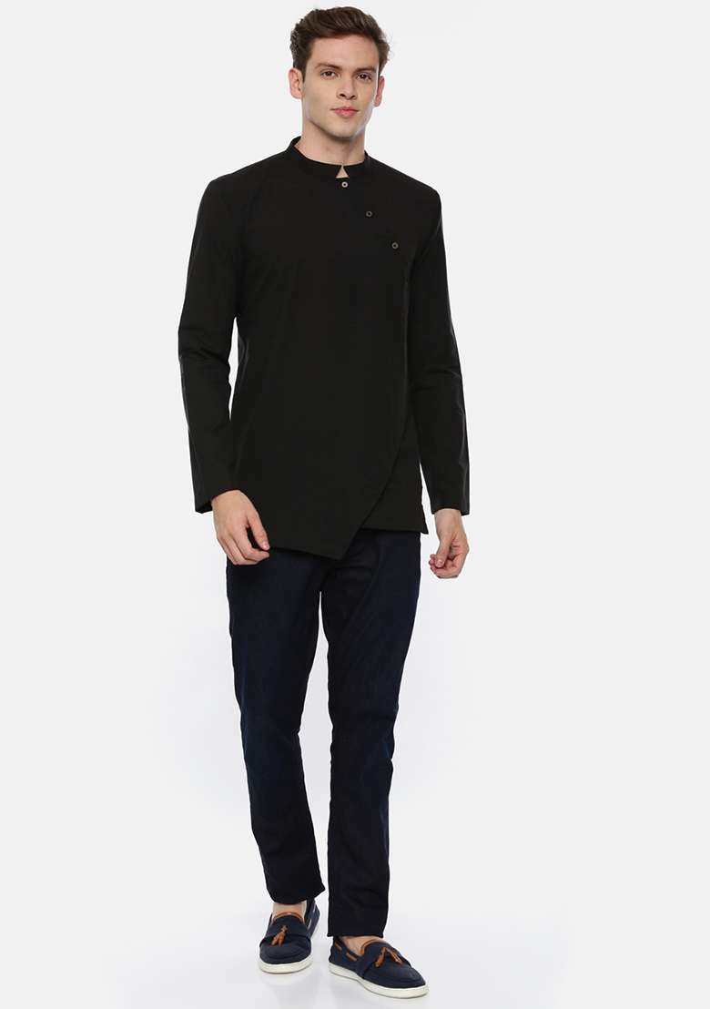 Black Cotton Cut Away Short Kurta For Men - Indya