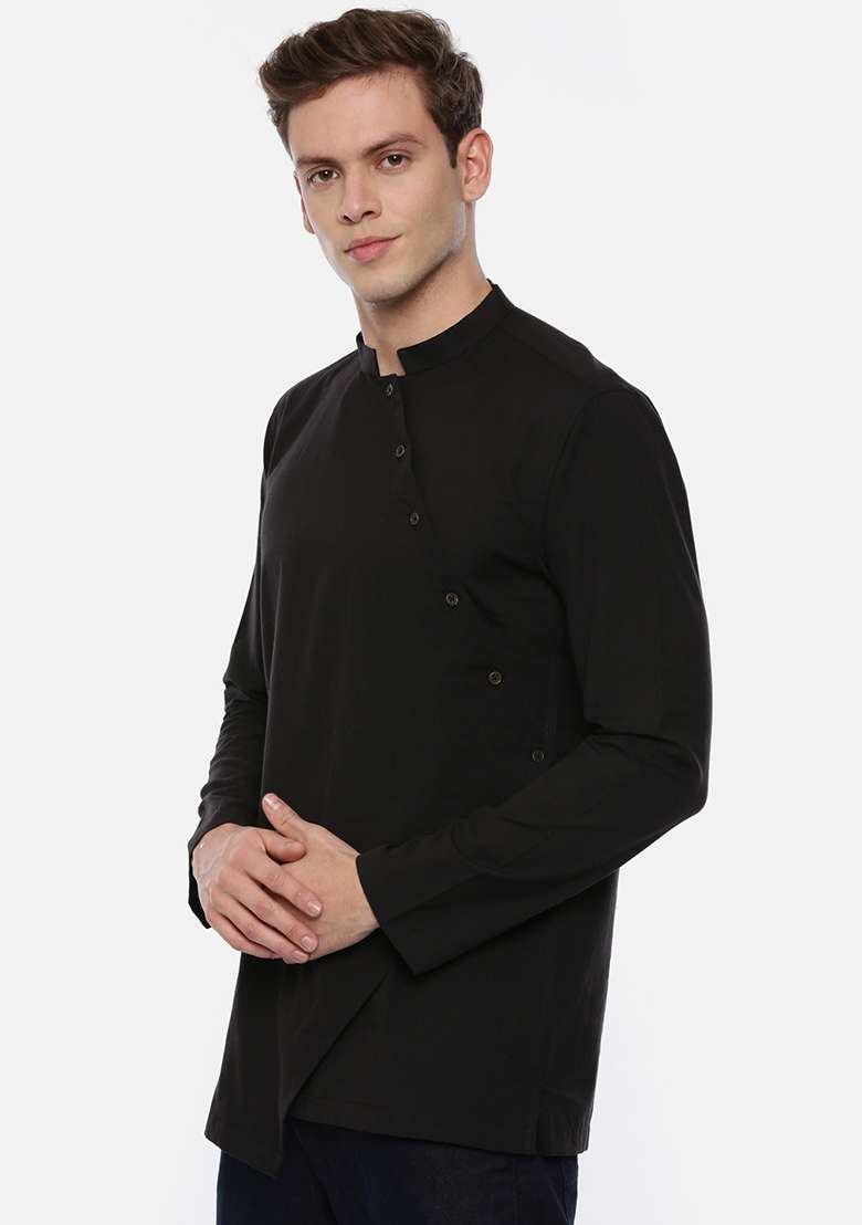 Black Cotton Cut Away Short Kurta For Men - Indya