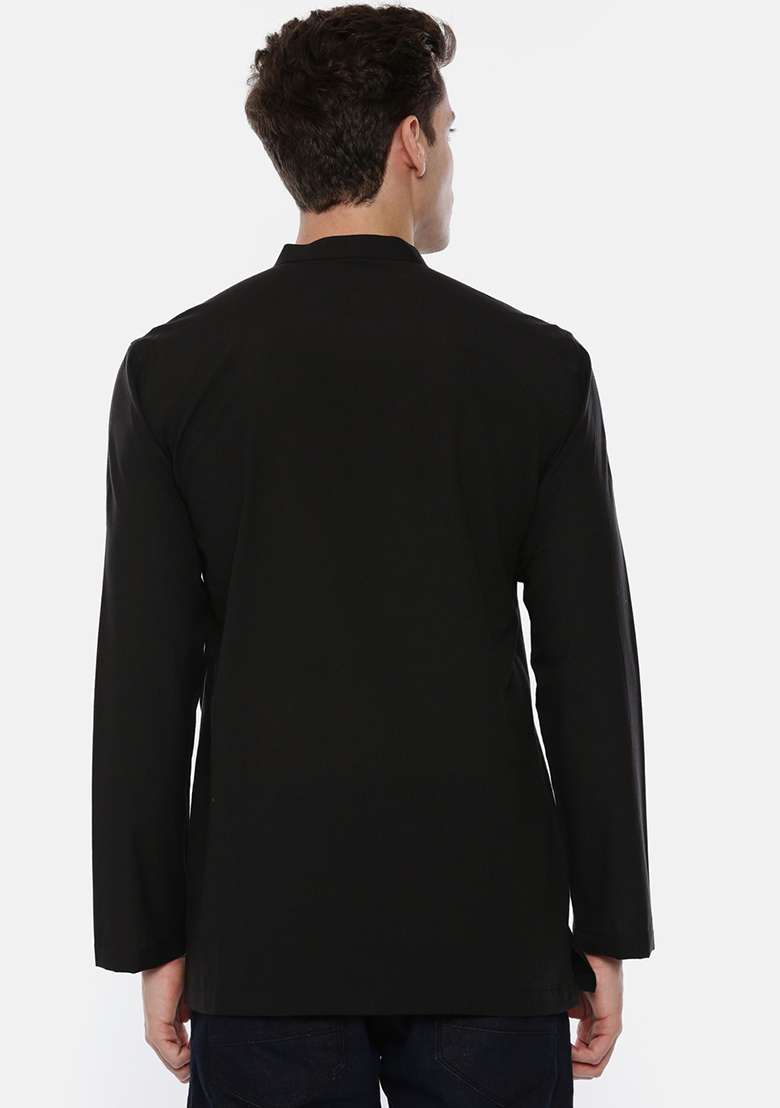 Black Cotton Cut Away Short Kurta For Men - Indya