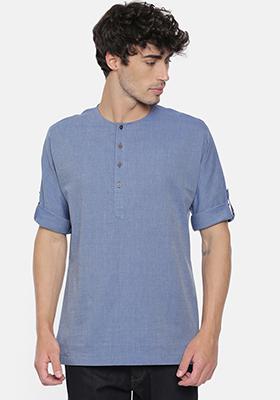 Denim Blue Cotton Short Kurta For Men