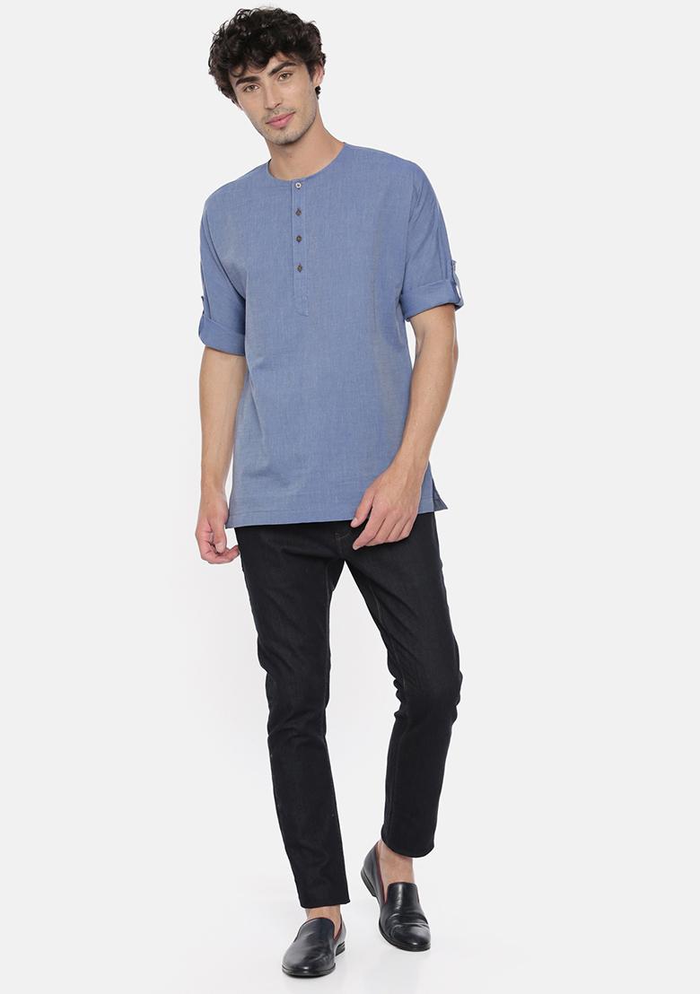 Denim Blue Cotton Short Kurta For Men