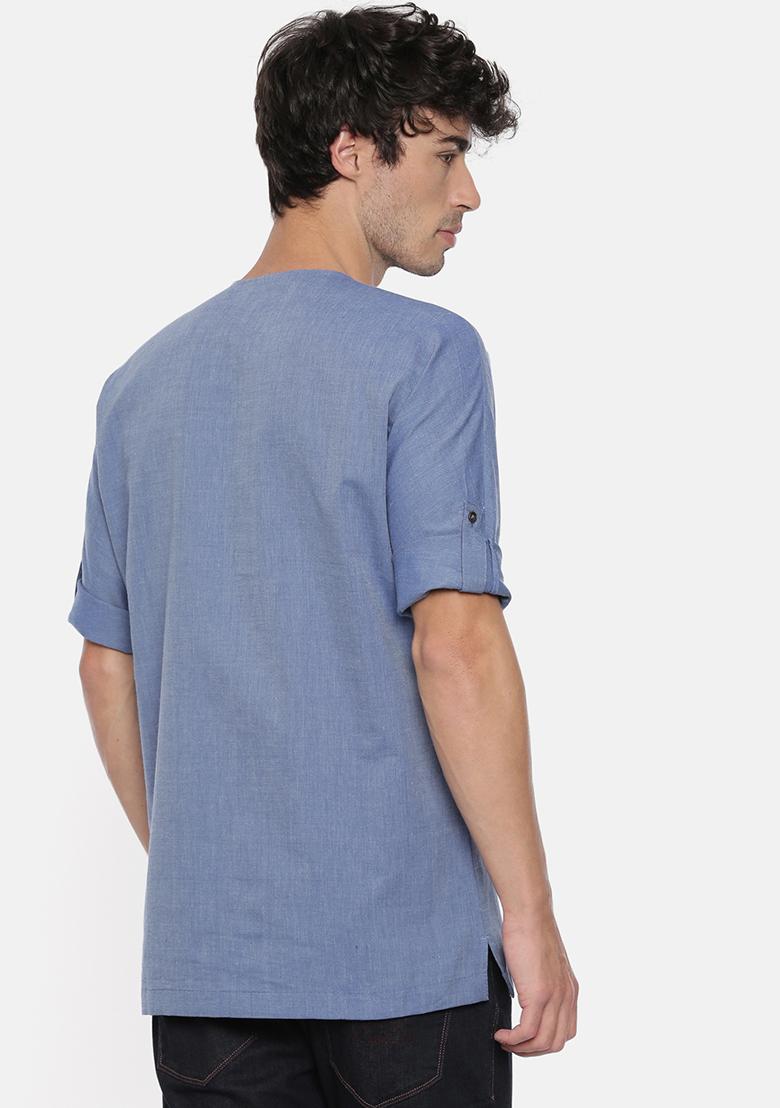 Denim Blue Cotton Short Kurta For Men