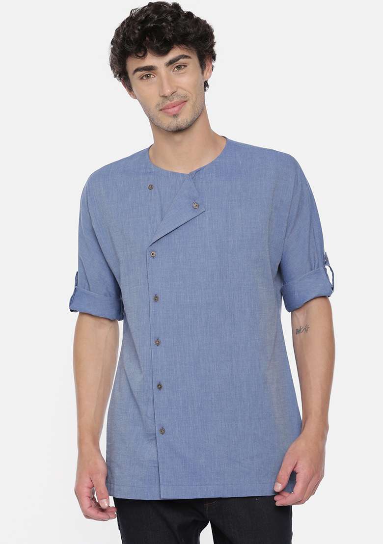Light Blue Cotton Short Kurta For Men - Indya