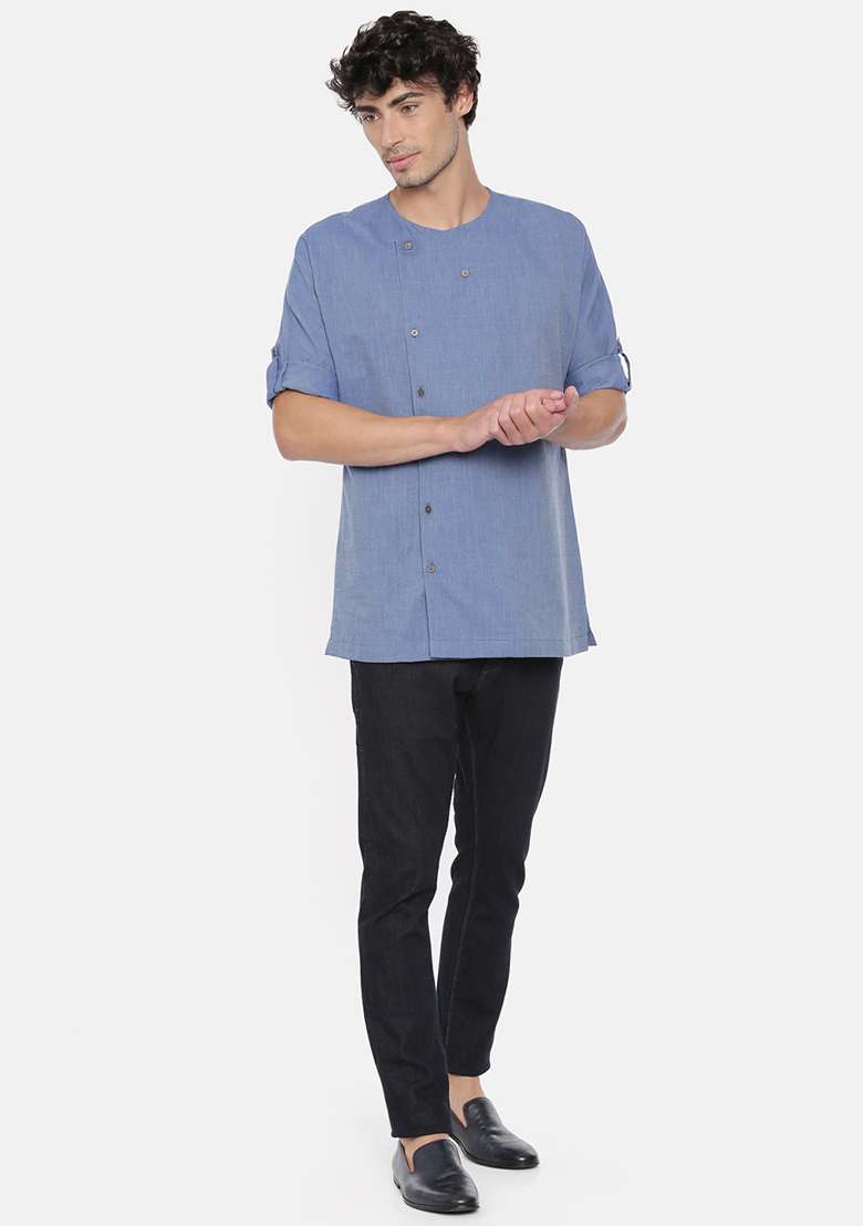 Light Blue Cotton Short Kurta For Men - Indya