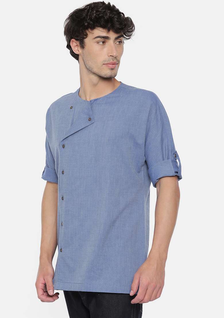 Light Blue Cotton Short Kurta For Men - Indya