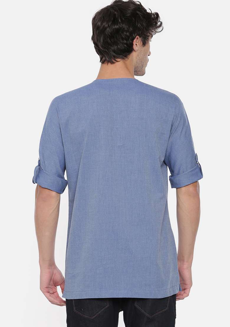 Light Blue Cotton Short Kurta For Men - Indya