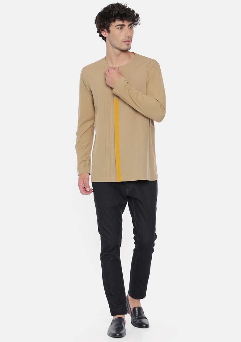 Khaki And Mustard Short Kurta For Men - Indya
