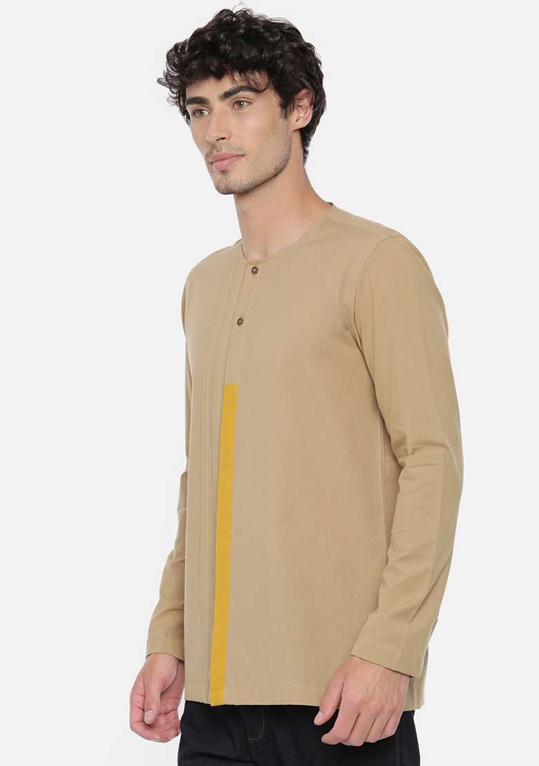 Khaki And Mustard Short Kurta For Men - Indya