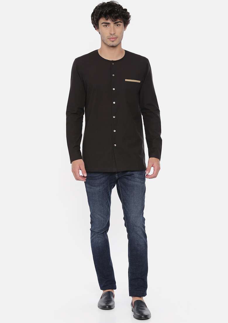 Black Cotton Classic Short Kurta For Men - Indya