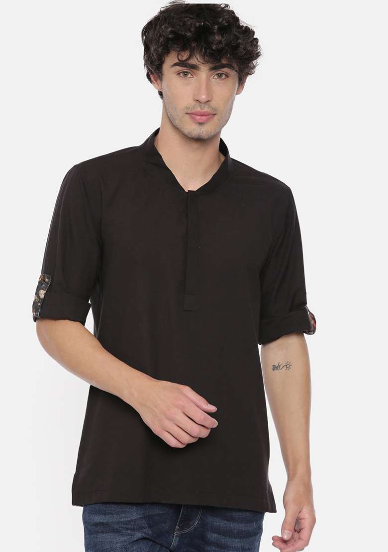 Classic Black Cotton Short Kurta For Men - Indya