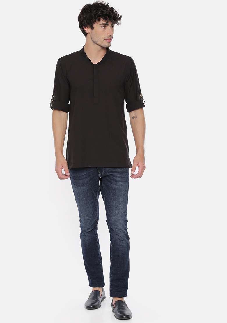 Classic Black Cotton Short Kurta For Men - Indya
