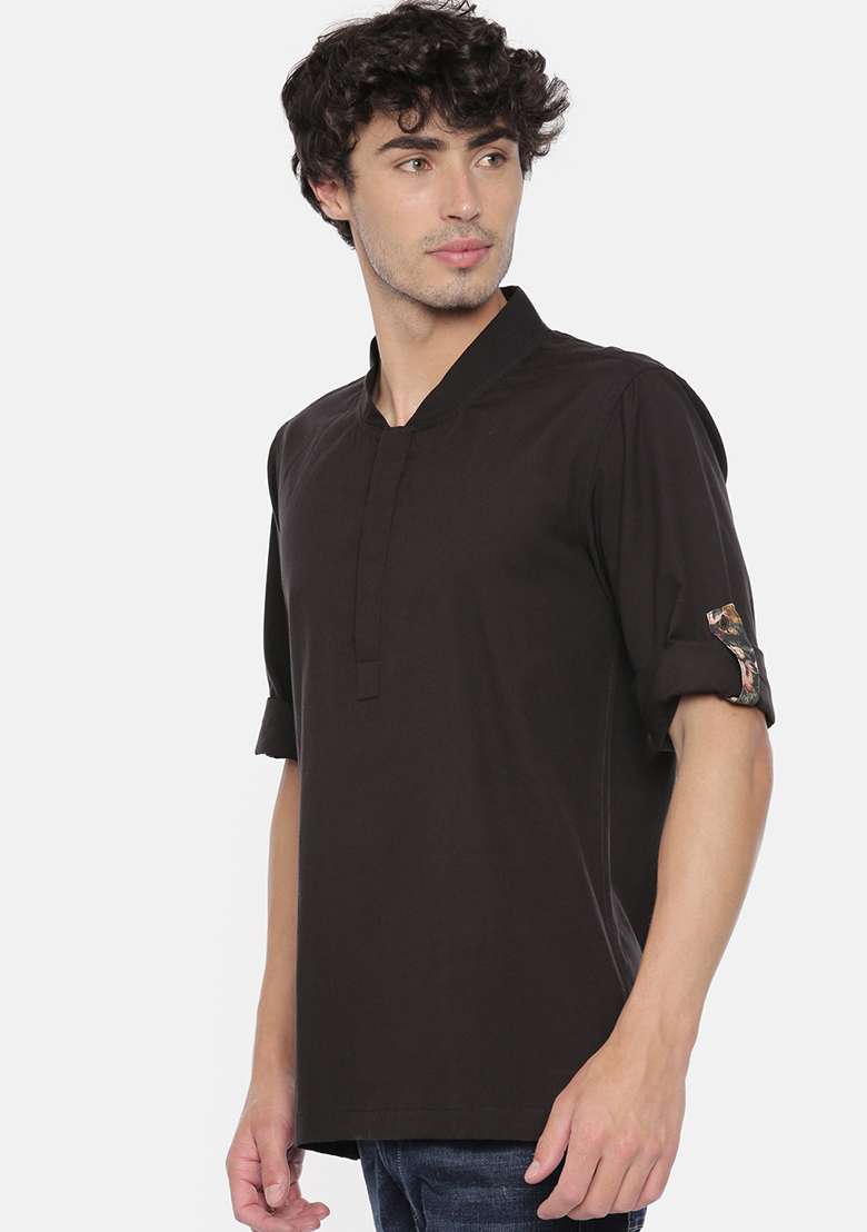 Classic Black Cotton Short Kurta For Men - Indya