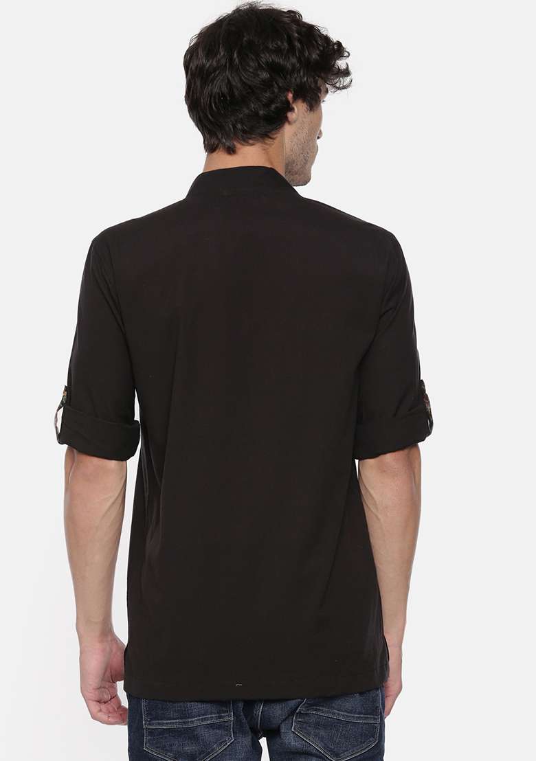 Classic Black Cotton Short Kurta For Men - Indya