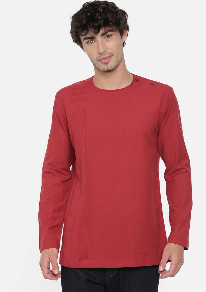 Maroon Pleated Cotton Short Kurta For Men - Indya