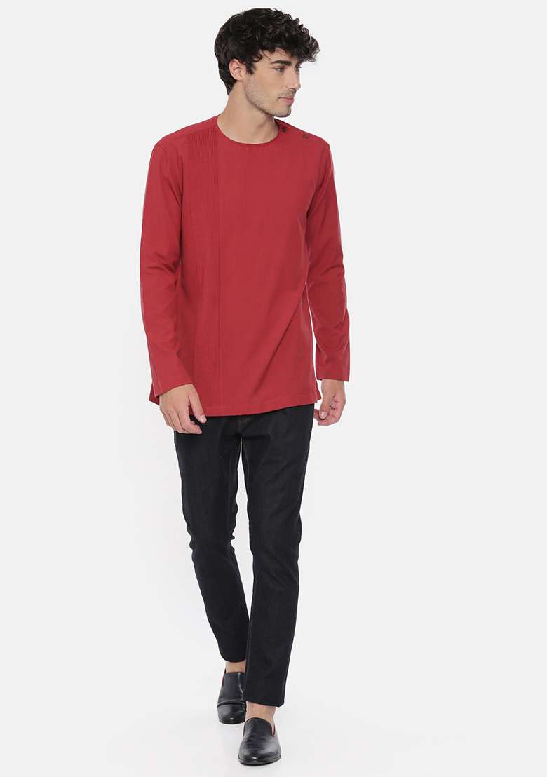 Maroon Pleated Cotton Short Kurta For Men - Indya
