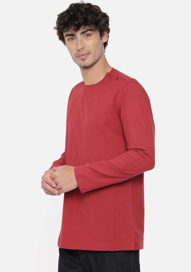 Maroon Pleated Cotton Short Kurta For Men - Indya