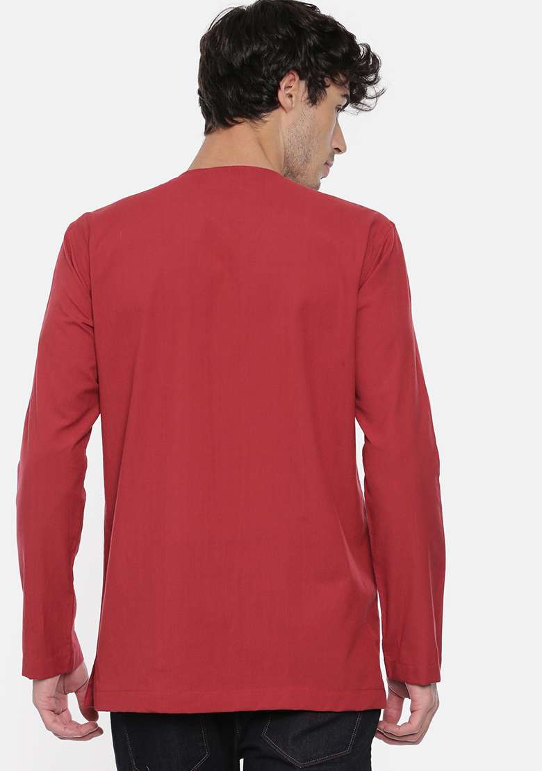 Maroon Pleated Cotton Short Kurta For Men - Indya