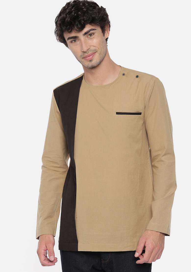 Khaki And Black Cotton Short Kurta For Men - Indya
