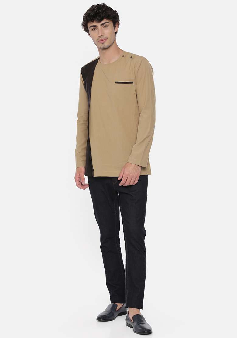 Khaki And Black Cotton Short Kurta For Men - Indya