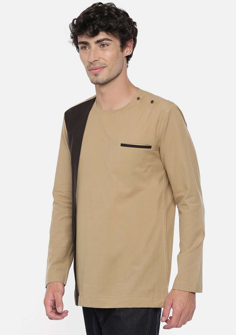 Khaki And Black Cotton Short Kurta For Men - Indya
