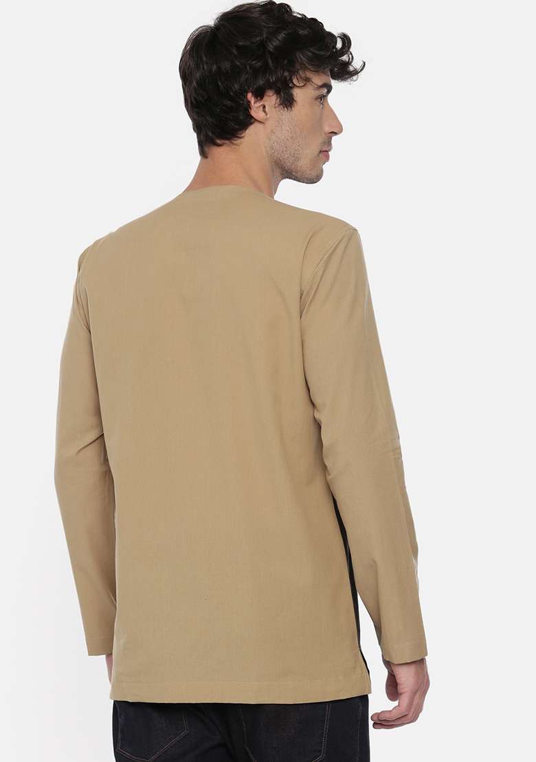 Khaki And Black Cotton Short Kurta For Men - Indya