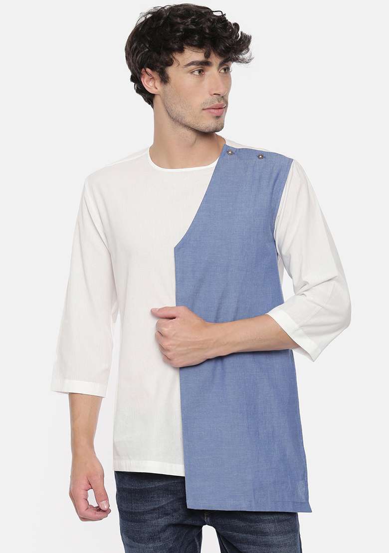 White And Blue Cotton Short Kurta For Men - Indya