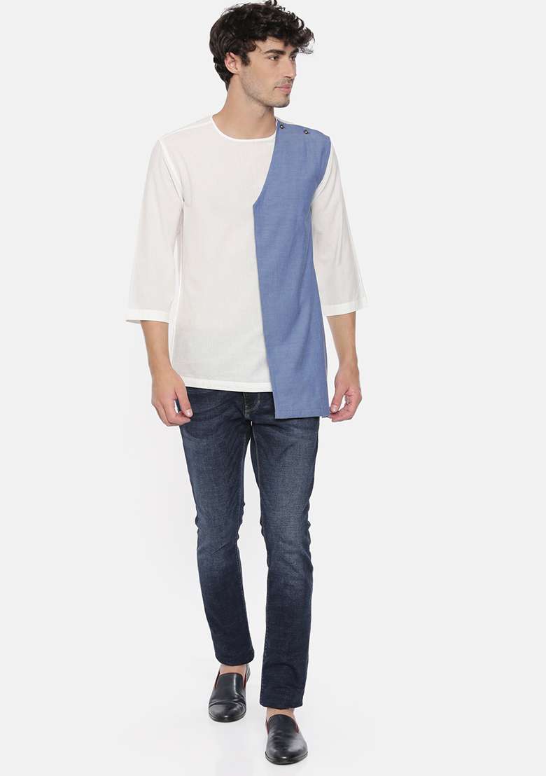 White And Blue Cotton Short Kurta For Men - Indya