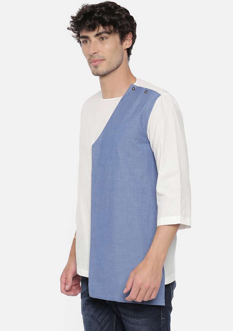 White And Blue Cotton Short Kurta For Men - Indya