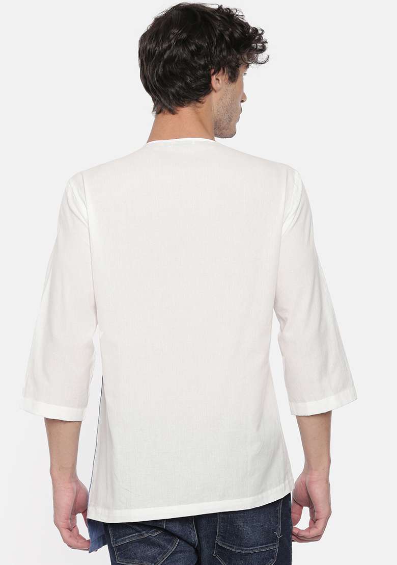 White And Blue Cotton Short Kurta For Men - Indya