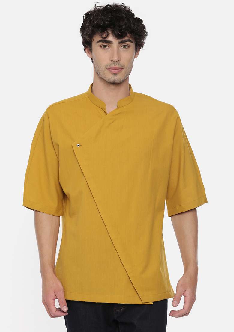 Mustard Kimono Sleeve Short Kurta For Men - Indya