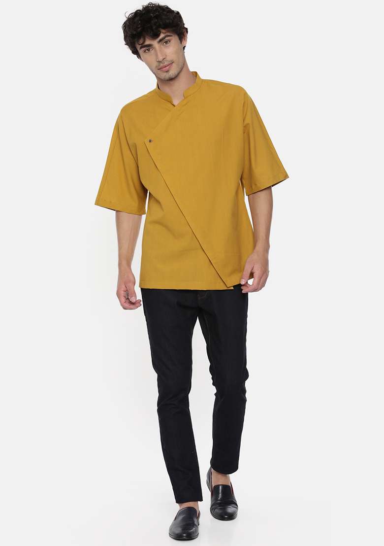Mustard Kimono Sleeve Short Kurta For Men - Indya