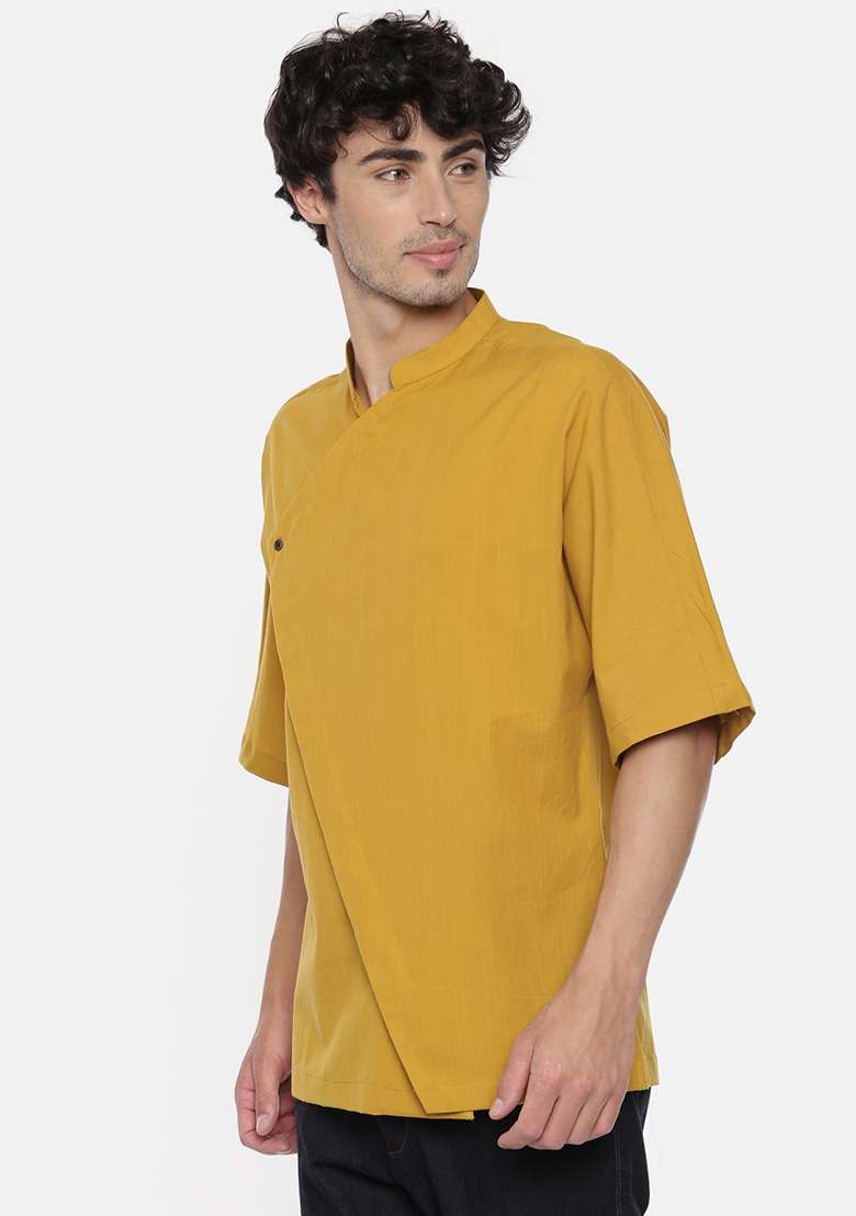 Mustard Kimono Sleeve Short Kurta For Men - Indya