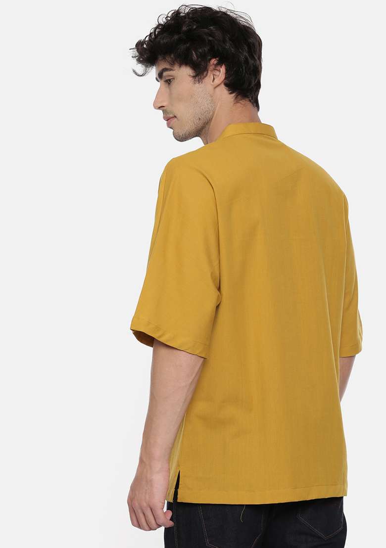 Mustard Kimono Sleeve Short Kurta For Men - Indya