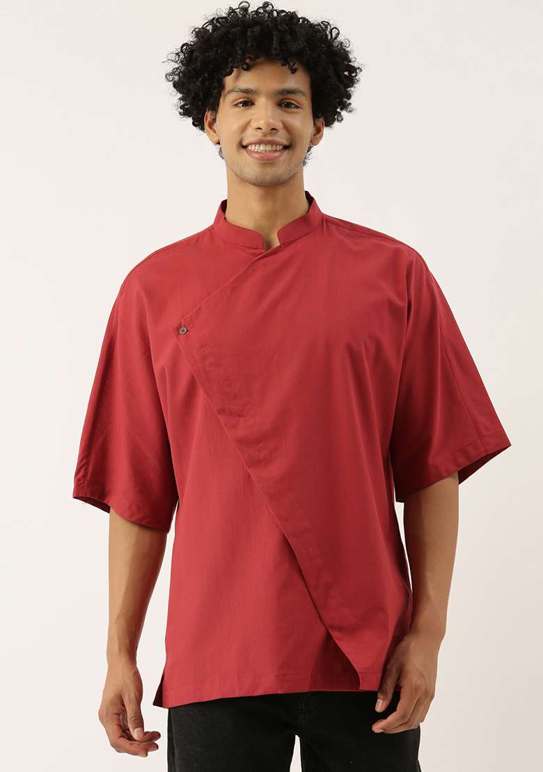 Red Malai Cotton Short Kurta For Men - Indya