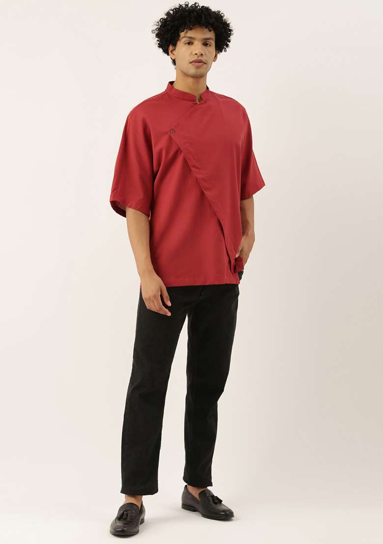 Red Malai Cotton Short Kurta For Men - Indya