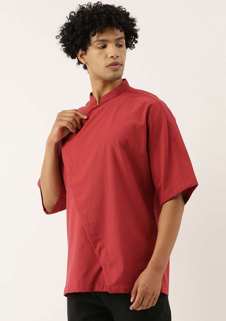 Red Malai Cotton Short Kurta For Men - Indya