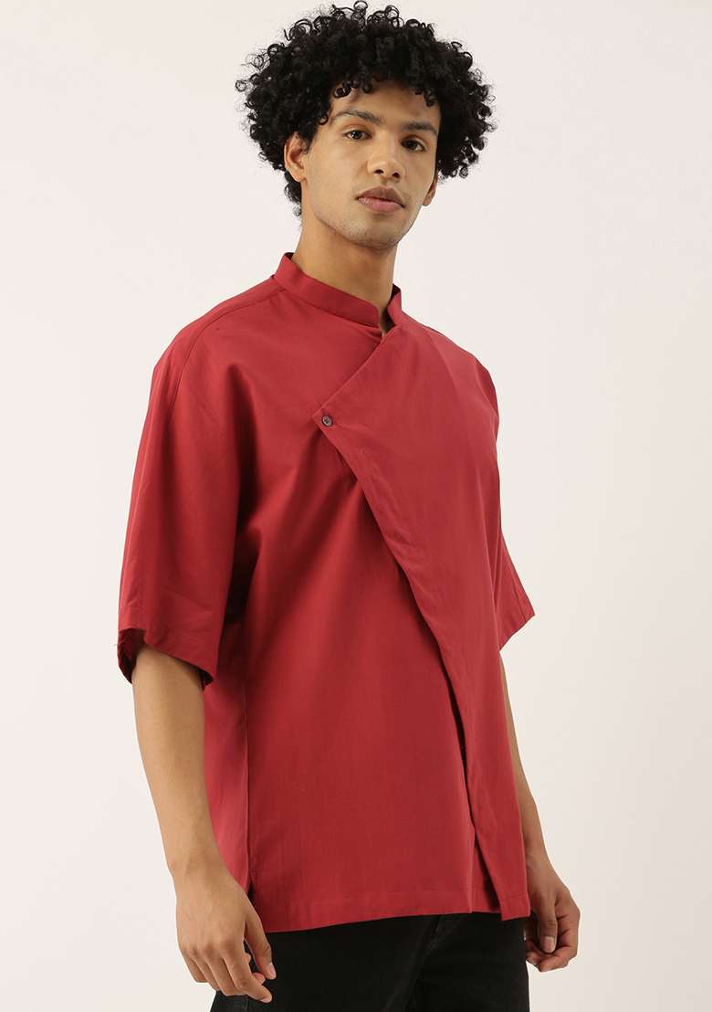 Red Malai Cotton Short Kurta For Men - Indya