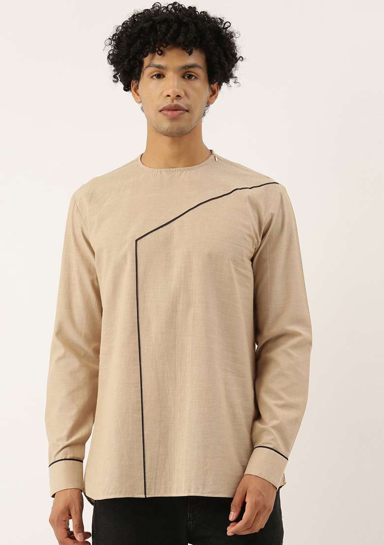 Beige And Blue Malai Cotton Short Kurta For Men - Indya