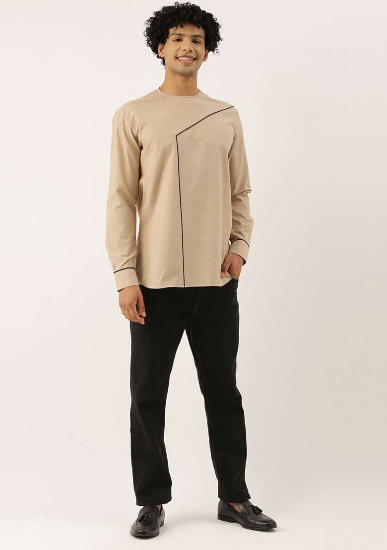 Beige And Blue Malai Cotton Short Kurta For Men - Indya