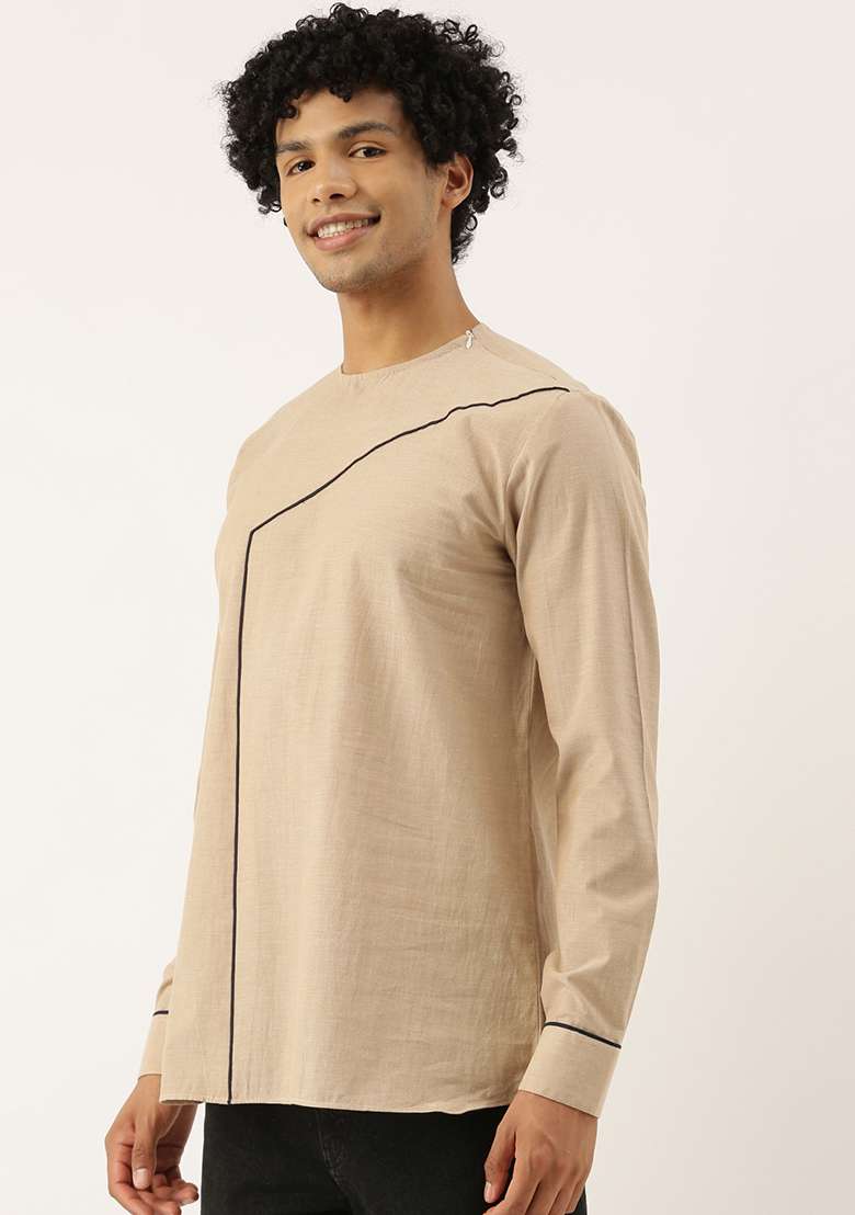 Beige And Blue Malai Cotton Short Kurta For Men - Indya